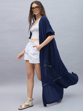 Women's Rayon Crepe Navy Longline Shrug with Lace Inserts